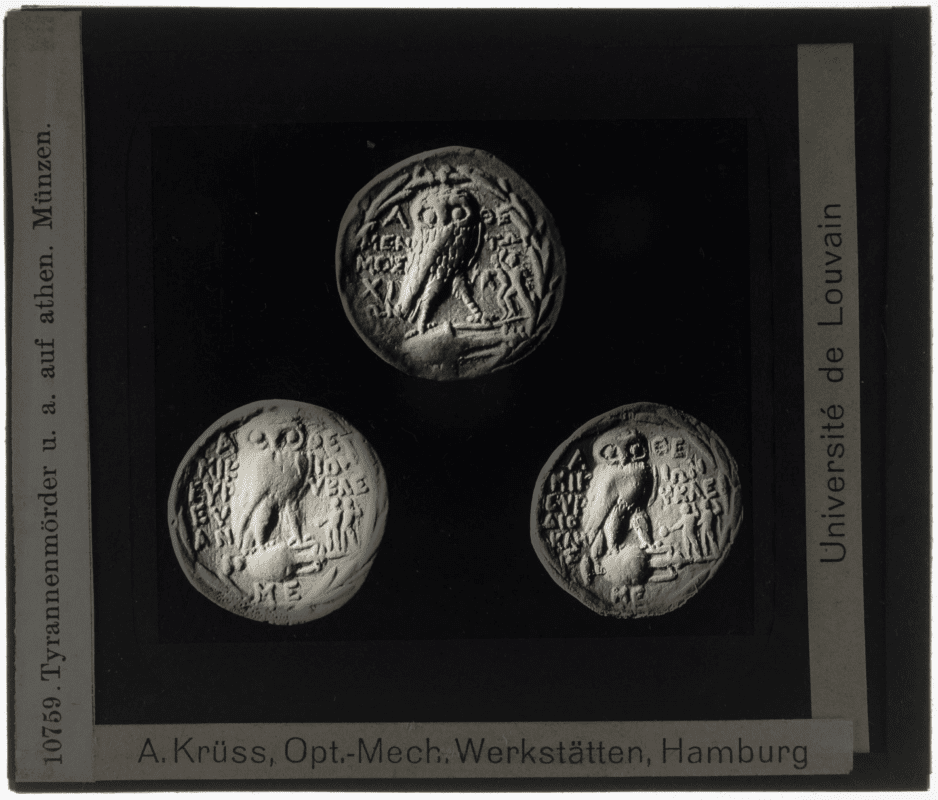 Greek coinage history.  Three coins from Athens with depiction of the owl Asklepios